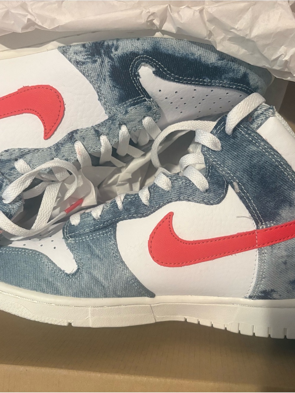 Nike Women’s Denim Look High-Top Sneakers in White and Coral